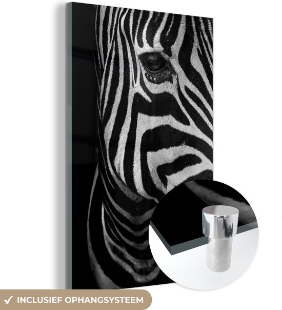 Glasschilderij - Acrylglas - Dieren - Zebra - Zwart - Wit - Foto op glas - 40x60 cm - Glasschilderij zebra - Schilderij glas - Muurdecoratie - Woonkamer