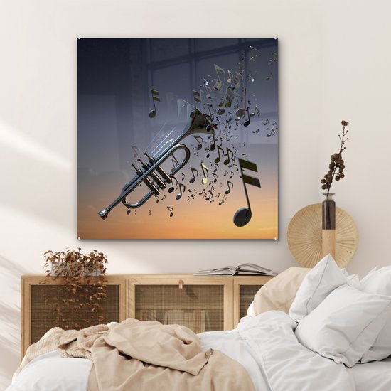 Belle trompette souffle des notes de musique Plexiglas 90x90 cm - Tirage photo sur Glas (décoration murale plexiglas)