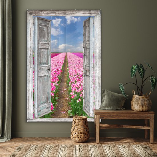 MuchoWow® Glasschilderij 100x150 cm - Schilderij acrylglas - Bloemen - Tulpen - Doorkijk - Regenboog - Foto op glas - Muurdecoratie woonkamer - Wanddecoratie slaapkamer - Schilderijen
