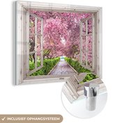 MuchoWow® Glasschilderij 80x60 cm - Schilderij acrylglas - Japans - Sakura - Bloesem - Boom - Bloesem takken - Doorkijk - Foto op glas - Schilderijen