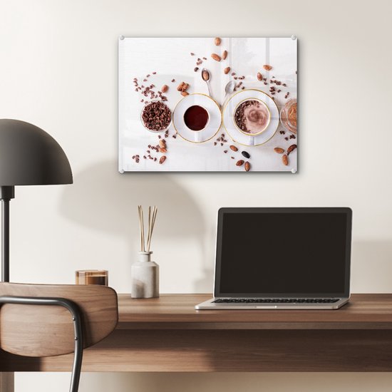 MuchoWow® Peinture sur verre 40x30 cm - Peinture acrylique sur verre - Café - Grains de café - Chocolat - Photo sur verre - Peintures