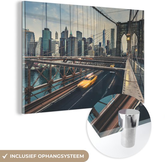 MuchoWow® Glasschilderij 60x40 cm - Schilderij acrylglas - New York - Auto - Brooklyn bridge - Foto op glas - Schilderijen