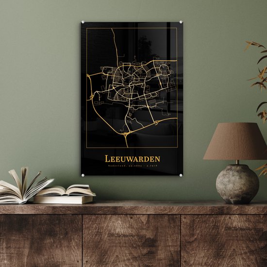 MuchoWow® Peinture sur verre 40x60 cm - Peinture sur verre acrylique - Carte - Leeuwarden - Simple - Or - Zwart - Photo sur verre - Peintures