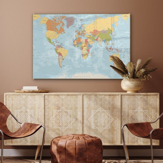 Peinture sur Verre - Carte du Wereldkaart - Couleurs - Atlas - 120x80 cm - Peintures sur Verre Peintures - Photo sur Glas