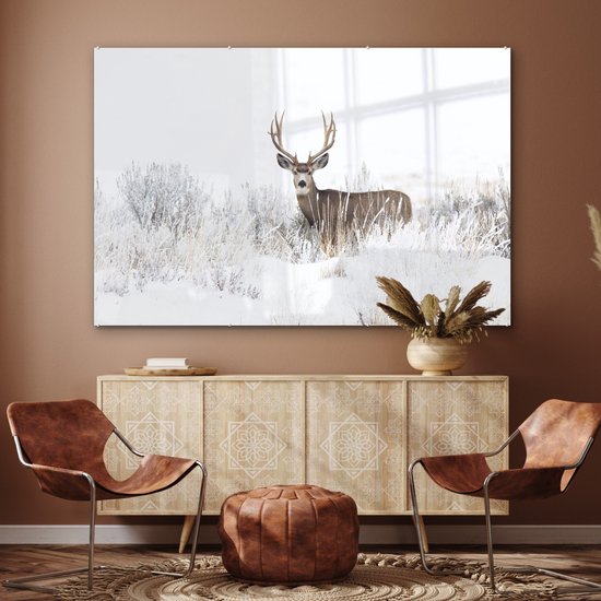 MuchoWow® Peinture sur Verre - Cerf - Hiver - Neige - Animaux - Saisons - Wit - 180x120 cm - Peintures sur Verre Acrylique - Photo sur Glas