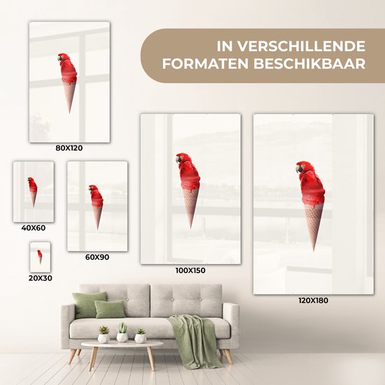 MuchoWow® Peinture sur verre 40x60 cm - Peinture sur verre acrylique - Glace - Perroquet - Rouge - Cornets de glace - Wit - Photo sur verre - Peintures