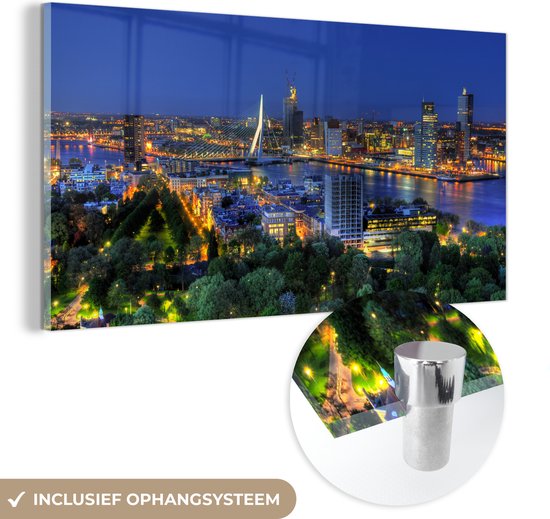 MuchoWow® Glasschilderij 160x80 cm - Schilderij acrylglas - Rotterdam - Nederland - Skyline - Foto op glas - Schilderijen