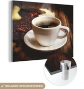 MuchoWow® Glasschilderij 40x30 cm - Schilderij acrylglas - Een hete kop koffie met koffiebonen - Foto op glas - Schilderijen