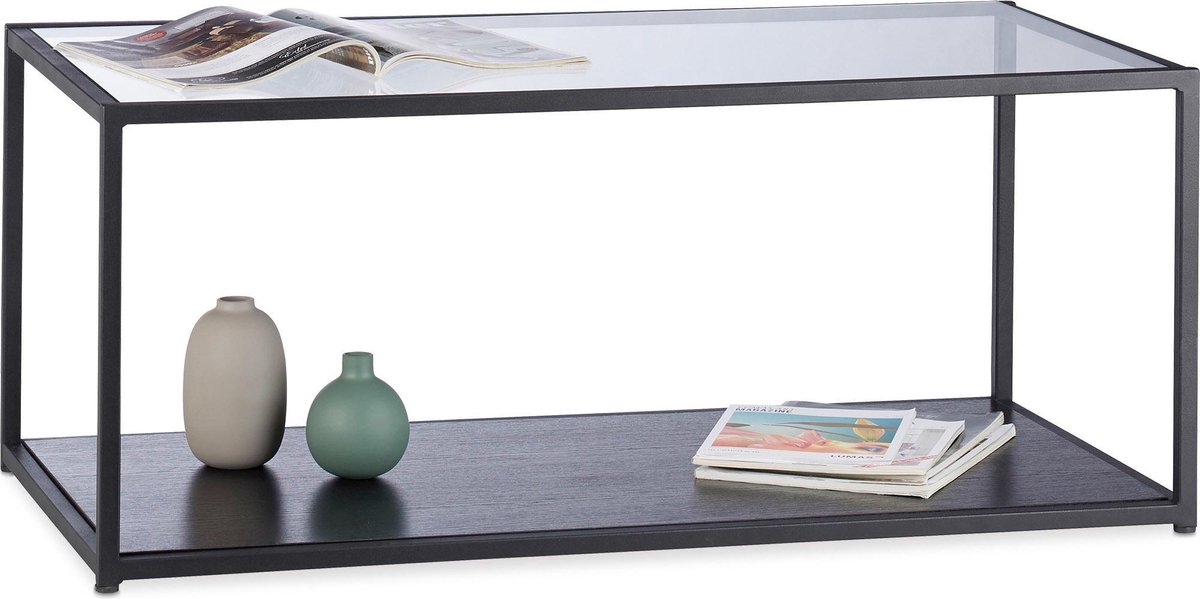 relaxdays salontafel glas zwart tafelblad metalen frame