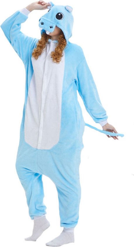 Nijlpaard Blauw Onesie Pak Kostuum Outfit Huispak Jumpsuit Verkleedpak - Verkleedkleding - Halloween & Carnaval - SnugSquad - Kinderen & Volwassenen - Unisex - Maat S voor Lichaamslengte (141 - 155 cm)