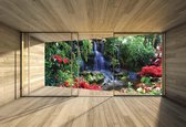 Fotobehang Window Waterfall Forest Flowers Nature | XXL - 312cm x 219cm | 130g/m2 Vlies