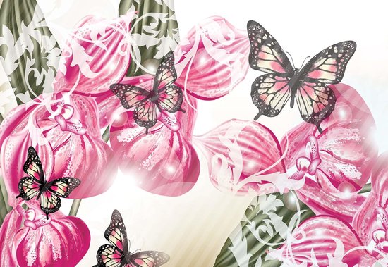 Fotobehang Butterflies Flowers | XL - 208cm x 146cm | 130g/m2 Vlies