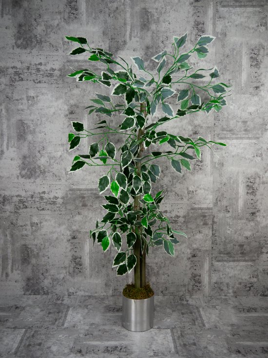Ficus Benjamina Starlight - kunstplant - hoogte 105 cm - met metalen pot