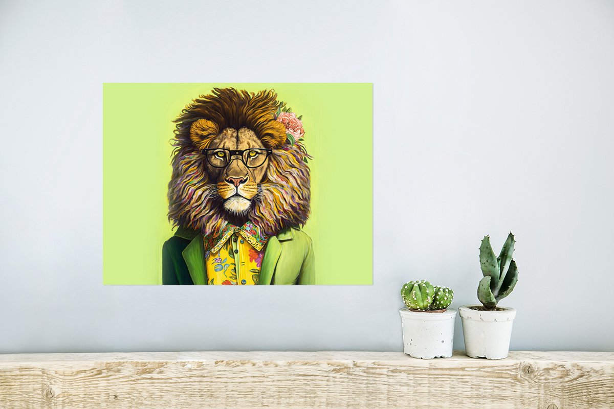 Poster Leeuw - Man - Dier - Bril - Bloemen - 40x30 cm