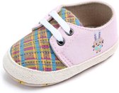 Roze veterschoenen met ruitje - Textiel - Maat 18 - Zachte zool - 0 tot 6 maanden