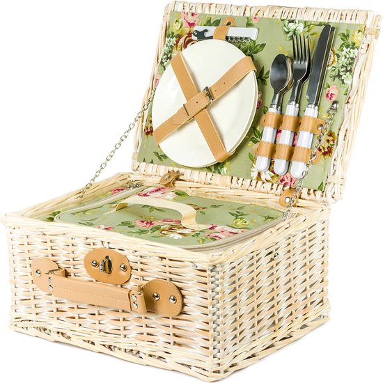 Panier pique-nique en osier 37,5 x 27,5 x 18 cm + vaisselle & sac thermo