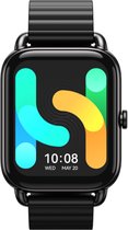 Zwarte smartwatch met een kleurrijk wijzerplaat.