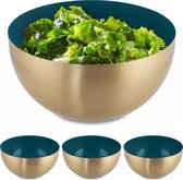 Relaxdays 4x saladeschaal - 2 liter - groen-goud - serveerschaal - rond - mengkom - rvs