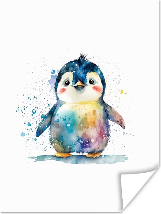 Poster Pinguïn - Regenboog - Waterverf - Dieren - Kinderen - 90x120 cm