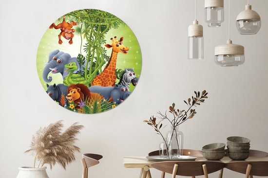 WallCircle - Cercle Mural - Cercle Mural - Animaux de la Jungle - Plantes - Enfants - Eléphant - Girafe - Lion - Aluminium - Dibond - 140x140 cm - Intérieur et Extérieur