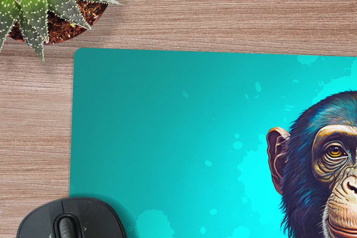 Muismat XXL 80x60 cm - Bureau onderlegger - Bureau mat Aap - Blouse - Bloemen - Groen - Portret - Bureaumat - Gaming mousepad xl - Bureaulegger groot - Computer deskmat
