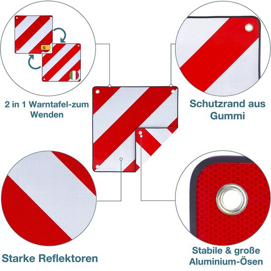 Liebfit 2-in-1 Reflecterend Waarschuwingsbord Italië en Spanje Aluminium met 4 x Bevestigingsbanden voor Achterdrager, Fietsdrager, Camper 50 x 50 cm