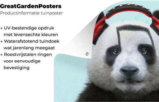 Affiche jardin - Toile jardin - Posters de jardin extérieur - Panda - Casque - Animal - Notes de musique - Rouge - 120x80 cm - Jardin