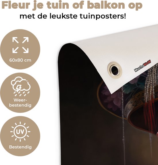 Tuinposter 60x80 cm - Tuindecoratie Vrouwen - Aziatisch - Bloemen - Portret - Poster voor in de tuin - Buiten decoratie - Schutting tuinschilderij - Tuindoek muurdecoratie - Wanddecoratie balkondoek
