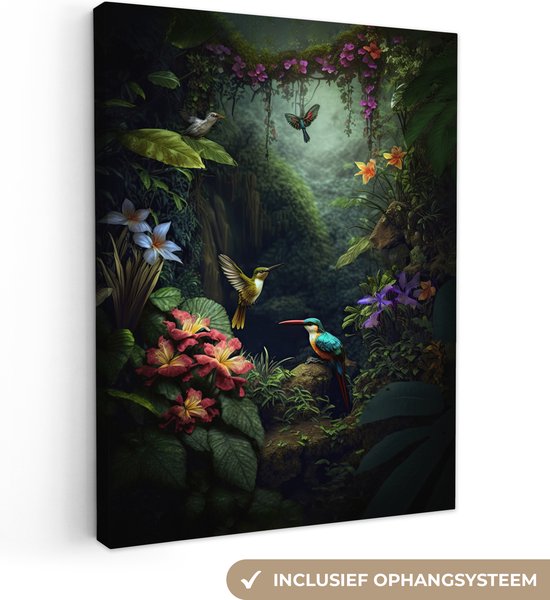 Canvas schilderij vogels 90x120 - Kamer decoratie accessoires - Schilderijen woonkamer bloemen jungle - Wanddecoratie slaapkamer - Wall decoration - Muurdecoratie vogel - Wanddoek interieur - Woondecoratie huis - Woonaccessoires