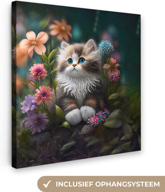 Canvas Schilderij Kitten - Illustratie - Bloemen - Natuur - Kat - Wanddecoratie