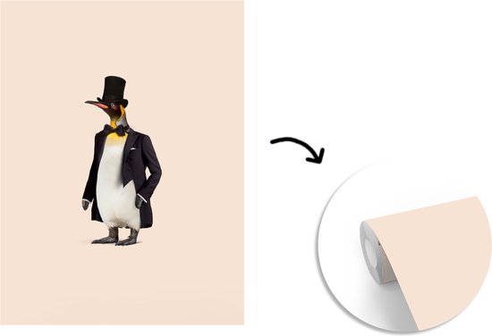 Behang - Fotobehang Pinguïn - Dier - Hoed - Zwart - Breedte 160 cm x hoogte 220 cm
