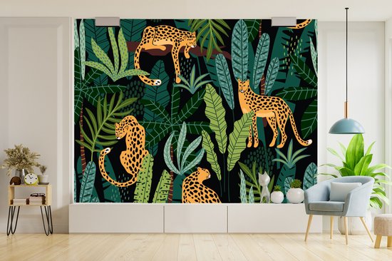 Behang - Fotobehang Jungle - Panter - Patronen - Jongens - Meiden - Planten - Breedte 300 cm x hoogte 240 cm