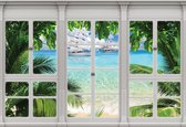 Fotobehang - Vlies Behang - 3D Uitzicht op de Tropische Zee en het Strand door het Raam - 152,5 x 104 cm