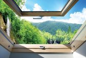 Fotobehang - Vlies Behang - 3D Uitzicht op de bergen en het bos vanuit het dakraam - 152,5 x 104 cm