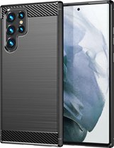 Samsung Galaxy S23 Ultra Hoesje - MobyDefend TPU Gelcase - Geborsteld Metaal + Carbonlook - Zwart - GSM Hoesje - Telefoonhoesje Geschikt Voor Samsung Galaxy S23 Ultra