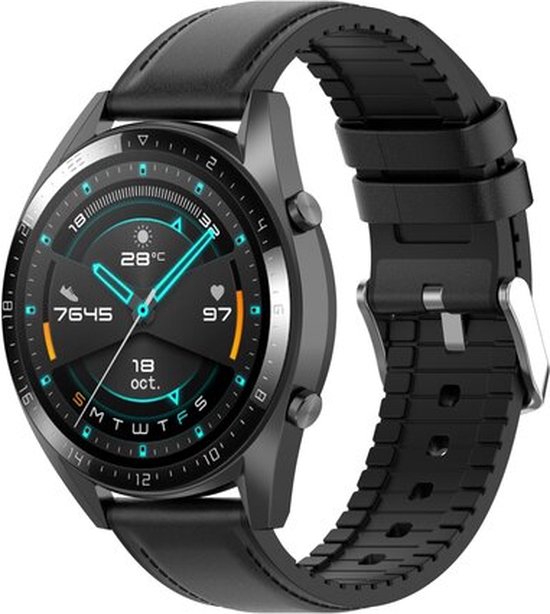 By Qubix - Geschikt voor Garmin bandje - Geschikt voor Garmin Forerunner 970 / 570 (47mm) / 255 - leer + siliconen bandje - Zwart - Smartwatch bandje 22mm
