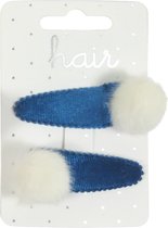 Haarspeldjes Klikklak 5.0cm Fluweel met Furry Pompon - Blauw/Wit - 2 stuks
