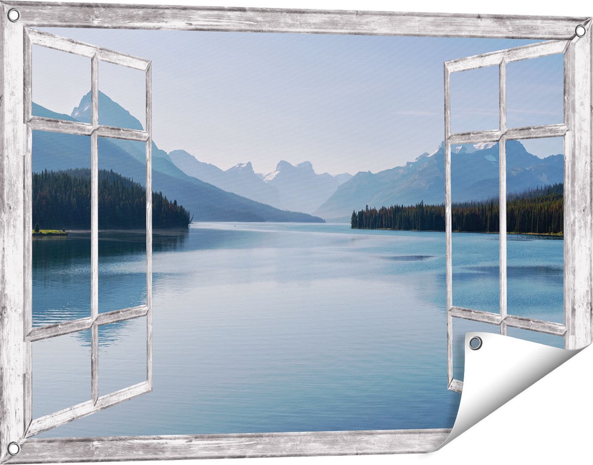 Gards Tuinposter Doorkijk Meer bij de Bergen in Alberta, Canada - 90x60 cm - Tuindoek - Tuindecoratie - Wanddecoratie buiten - Tuinschilderij Grijs