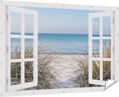 Gards Tuinposter Doorkijk Strand en Zee vanuit de Duinen - 180x120 cm - Tuindoek - Tuindecoratie - Wanddecoratie buiten - Tuinschilderij