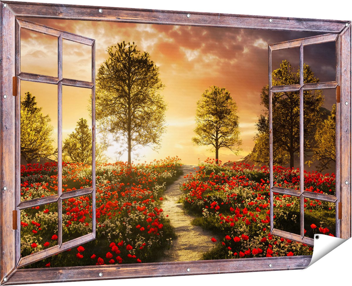 Gards Tuinposter Doorkijk Mooi Landschap met Rode Bloemen en Zonsondergang - 180x120 cm - Tuindoek - Tuindecoratie - Wanddecoratie buiten - Tuinschilderij Multikleur