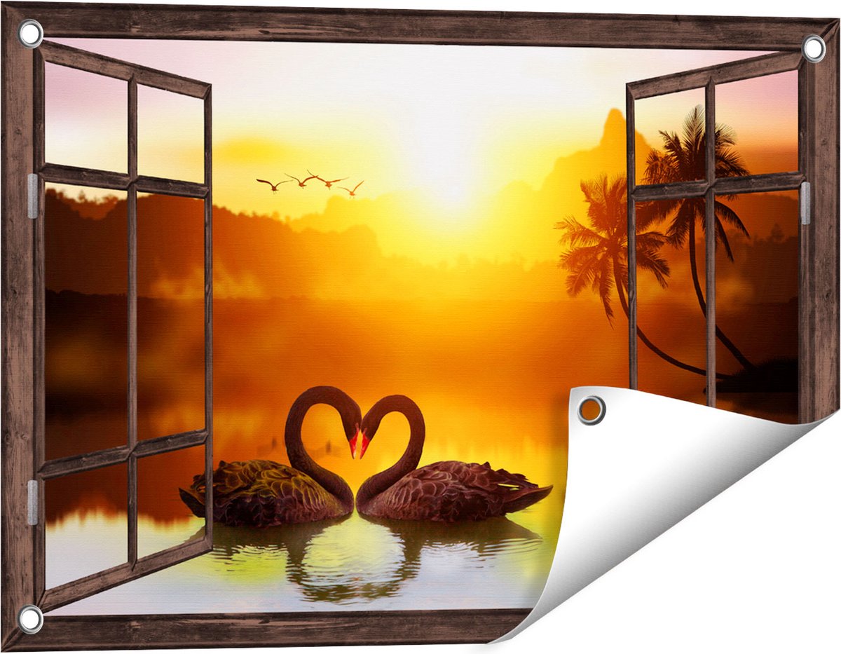 Gards Tuinposter Doorkijk Twee Zwarte Zwanen in een Hart Vorm - 60x40 cm - Tuindoek - Tuindecoratie - Wanddecoratie buiten - Tuinschilderij