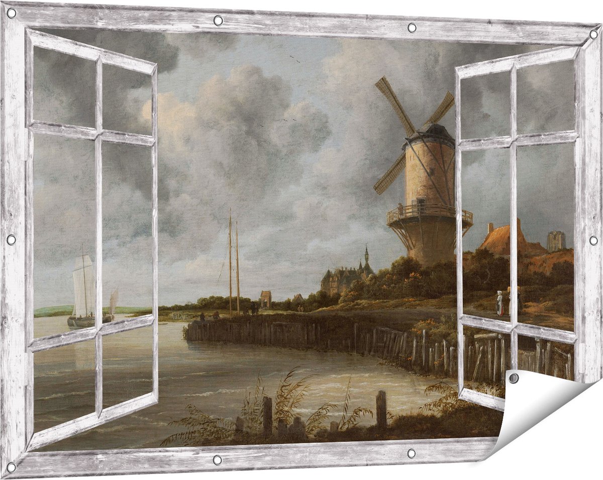 Gards Tuinposter Doorkijk De Molen bij Wijk bij Duurstede - Jacob van Ruisdael - 120x80 cm - Tuindoek - Tuindecoratie - Wanddecoratie buiten - Tuinschilderij grijs
