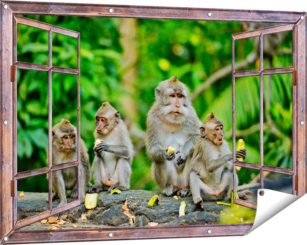 Gards Tuinposter Doorkijk Groep Apen Eten Bananen in het Bos - 120x80 cm - Tuindoek - Tuindecoratie - Wanddecoratie buiten - Tuinschilderij Bruin