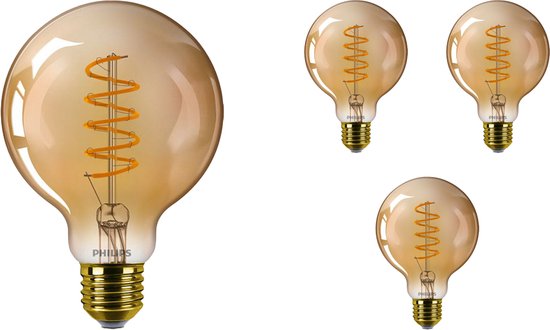 Voordeelpak 4x Philips Classic LEDglobe E27 Filament Amber 95mm 4W 250lm - 820 Zeer Warm Wit | Dimbaar - Vervangt 25W