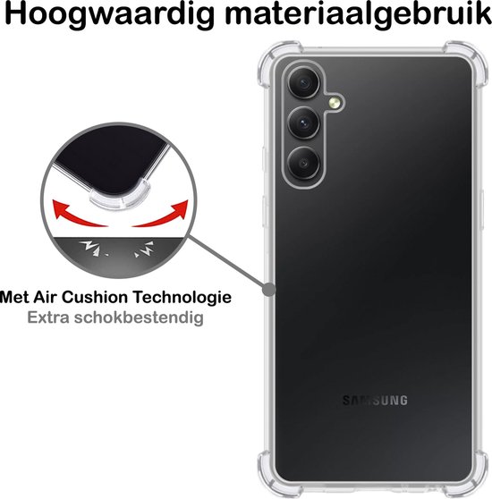 Transparante telefoonhoes met versterkte hoeken en een detail van Air Cushion Technologie. Extra schokbestendig.