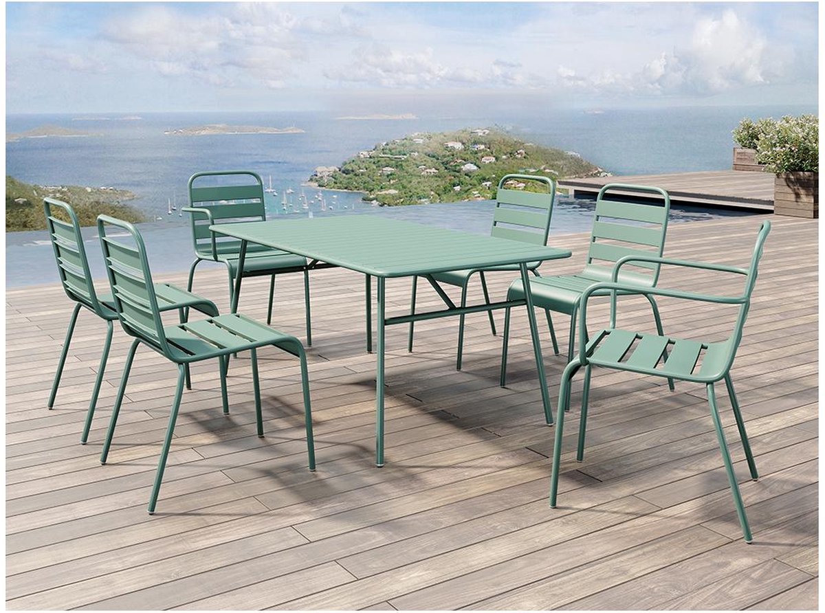 MYLIA Tuineetset MIRMANDE in metaal: tafel L160cm + 2 opstapelbare fauteuils + 4 opstapelbare stoelen - Amandelgroen L 160 cm x H 79 cm x D 80 cm