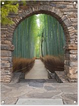Tuinposter doorkijk - Bamboe - Bos - Pad - Japan - Poort - Tuinbanner - 60x80 cm - Tuindoek - Schuttingposter