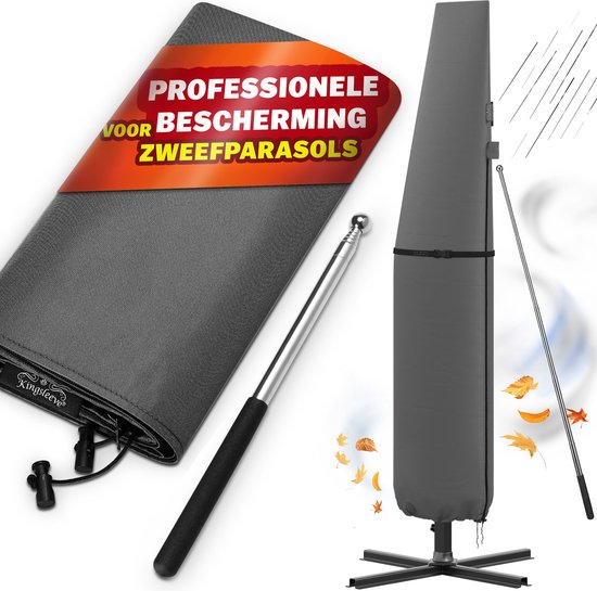 Grijze Kingsleeve parasolhoes, opgevouwen en uitgevouwen, met tekst "Professionele bescherming voor zweefparasols".