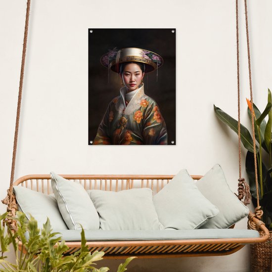 Tuinposter 60x80 cm - Tuindecoratie Vrouwen - Aziatisch - Bloemen - Portret - Poster voor in de tuin - Buiten decoratie - Schutting tuinschilderij - Tuindoek muurdecoratie - Wanddecoratie balkondoek