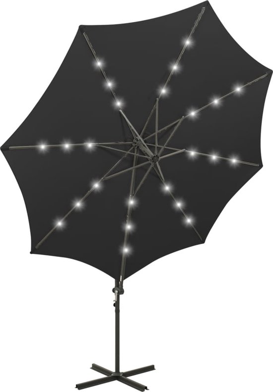 Juskys Brazil zweefparasol, 300 cm, LED-verlichting, zonne-energie & zwengel, uv-bescherming, waterafstotend, knikbaar, hoes, parasol, marktparasol, grijs